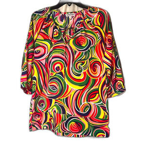 Buckhead Bettie’s‎ blouse v neck tie band at arm bright colors swirl size S